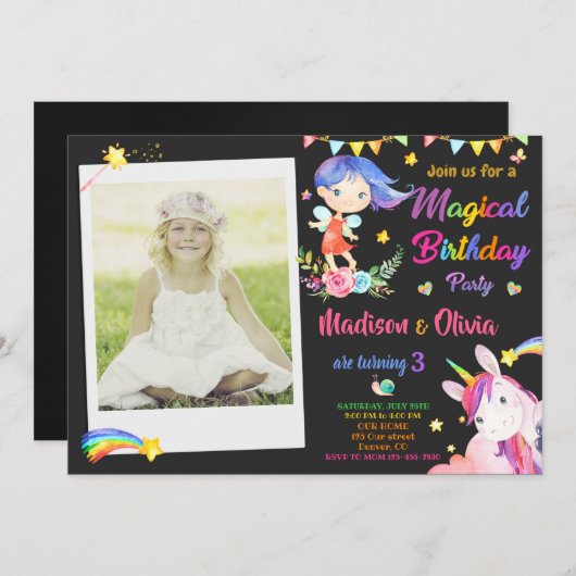 妖精とユニコーンの誕生日の招待ガールズ写真 招待状 (正面/裏面)