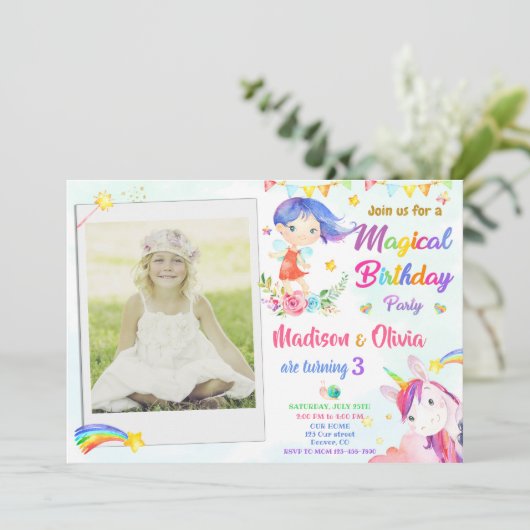妖精とユニコーンの誕生日の招待ツインズの写真 招待状 (スタンド正面)