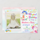 妖精とユニコーンの誕生日の招待ツインズの写真 招待状 (正面/裏面)