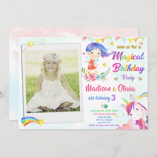 妖精とユニコーンの誕生日の招待ツインズの写真 招待状 (正面/裏面)