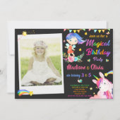 妖精とユニコーンの誕生日の招待ツインズ写真 招待状 (正面)
