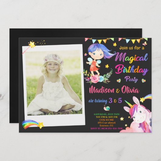 妖精とユニコーンの誕生日の招待ツインズ写真 招待状 (正面/裏面)
