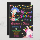 妖精とユニコーンの誕生日の招待状2人の女の子 招待状 (正面/裏面)