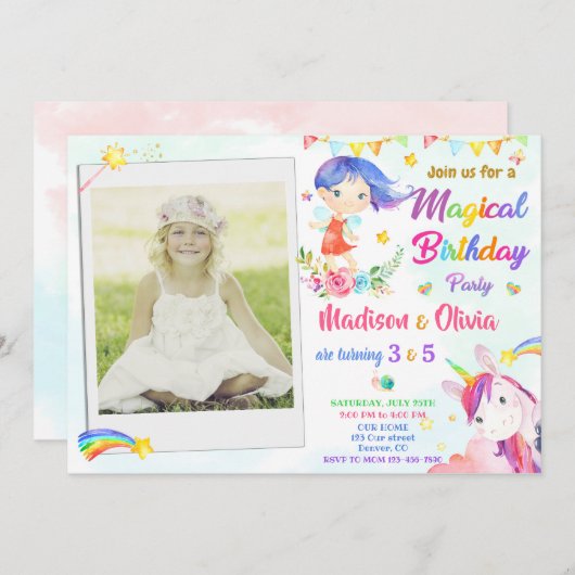 妖精とユニコーンの誕生日の招待状2人の女の子 招待状 (正面/裏面)