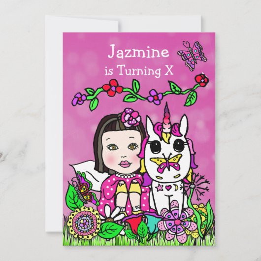 妖精とユニコーンの誕生日招待状 招待状 (正面)