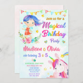 妖精とユニコーンの誕生日招待状　2人の女の子 招待状 (正面/裏面)