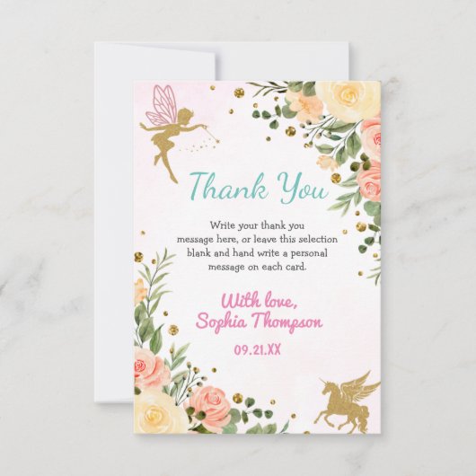 妖精とユニコーンフローラ金ゴールドグリッター1st誕生日 サンキューカード (正面)