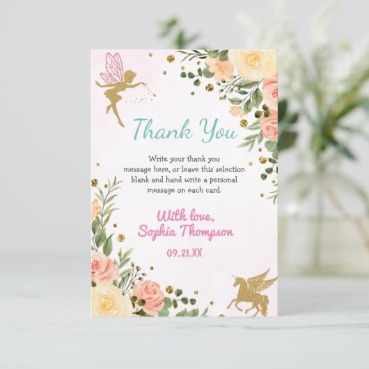 妖精とユニコーンフローラ金ゴールドグリッター1st誕生日 サンキューカード (スタンド正面)