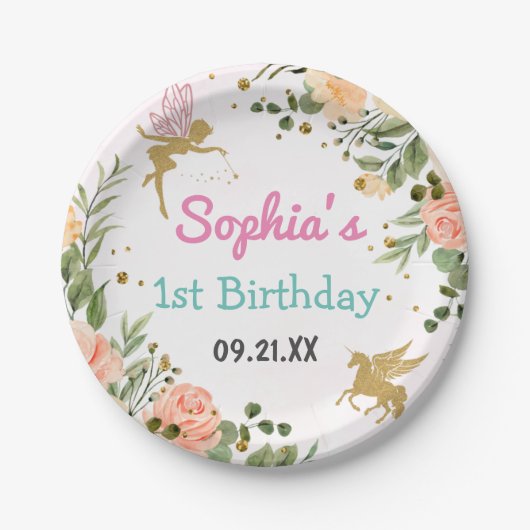 妖精とユニコーンフローラ金ゴールドグリッター1st誕生日 ペーパープレート (正面)