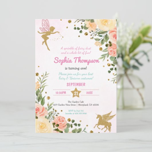 妖精とユニコーンフローラ金ゴールドグリッター1st誕生日 招待状 (スタンド正面)