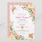 妖精とユニコーンフローラ金ゴールドグリッター1st誕生日 招待状 (正面/裏面)