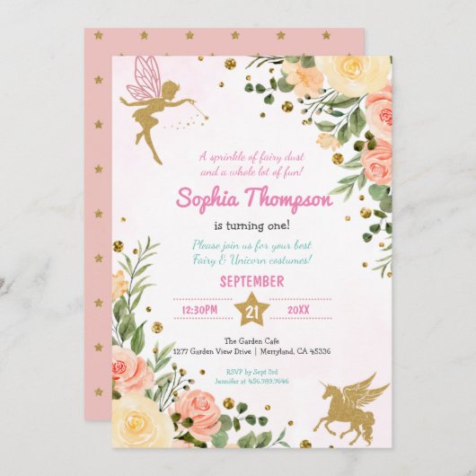 妖精とユニコーンフローラ金ゴールドグリッター1st誕生日 招待状 (正面/裏面)