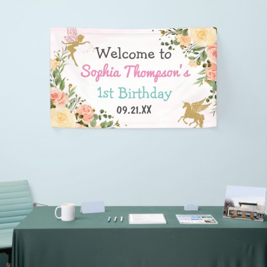 妖精とユニコーンフローラ金ゴールドグリッター1st誕生日 横断幕 (トレードショー)
