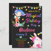 妖精とユニコーン誕生日の招待魔法パーティー 招待状 (正面/裏面)