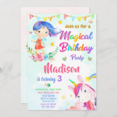 妖精とユニコーン誕生日の招待魔法パーティー 招待状 (正面/裏面)
