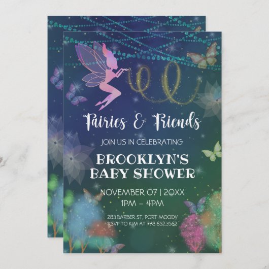 妖精と友人バタフライグリッターベビーシャワー 招待状 (正面/裏面)