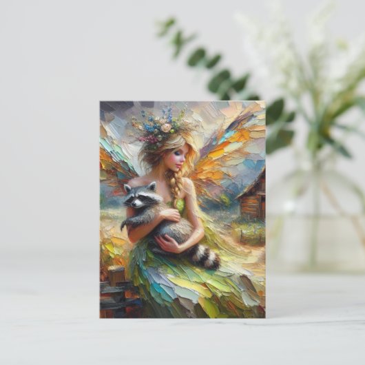 妖精と彼女のペットのアライグマ ポストカード (スタンド正面)