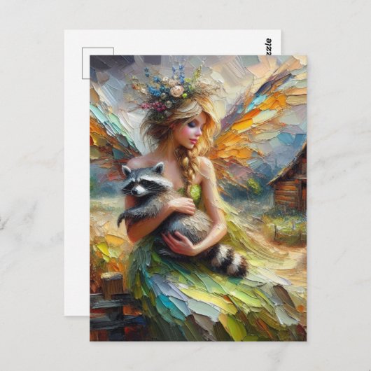 妖精と彼女のペットのアライグマ ポストカード (正面/裏面)