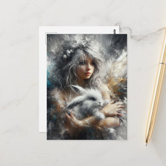 妖精と彼女の愛らしいウサギ ポストカード (正面/裏面インサイチュ)