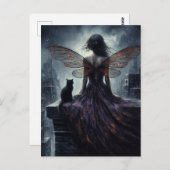 妖精と彼女の猫は街を見下ろすファンタジー ポストカード (正面/裏面)