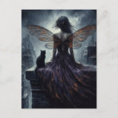 妖精と彼女の猫は街を見下ろすファンタジー ポストカード (正面)