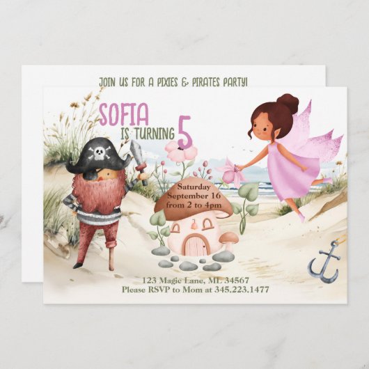 妖精と海賊をテーマにしたパーティーの招待状 招待状 (正面/裏面)