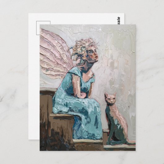 妖精と猫が階段に座る ポストカード (正面/裏面)