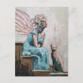 妖精と猫が階段に座る ポストカード (正面)