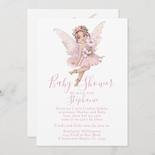 妖精と花"メールでシャワー"ベビーガール 招待状 (正面/裏面)