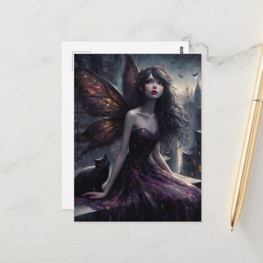 妖精と黒猫が夜の街を一望する ポストカード (正面/裏面インサイチュ)