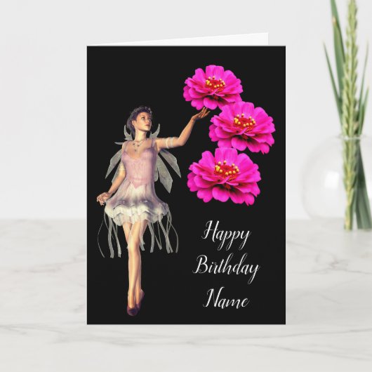 妖精と《植物》百日草花パーソナライズされた誕生日カード カード (正面)