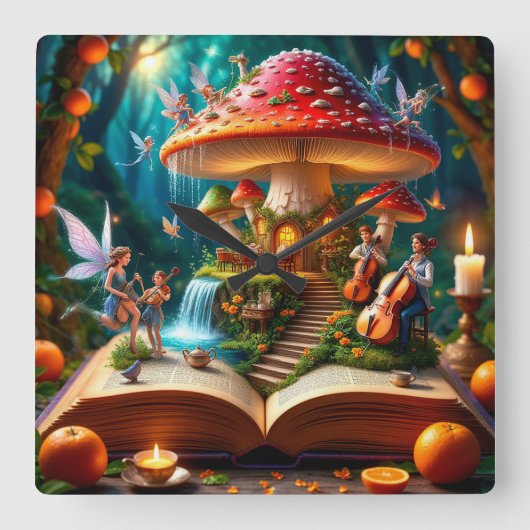 妖精のいる魔法の森の風景 スクエア壁時計 (正面)