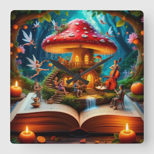 妖精のいる魔法の森の風景 スクエア壁時計 (正面)