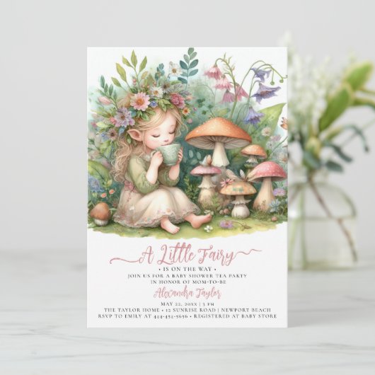 妖精のお茶ワイルドフラワーマッシュルームベビーガールシャワー 招待状 (スタンド正面)