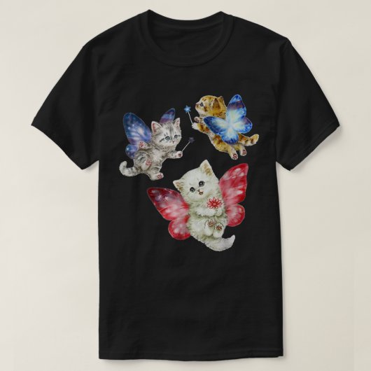 妖精のかわいいネコが蝶ネコを飛ばす Tシャツ (デザイン正面)