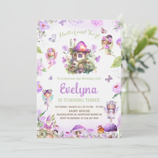 妖精のふわりと回るパープルの誕生日招待状 招待状 (スタンド正面)
