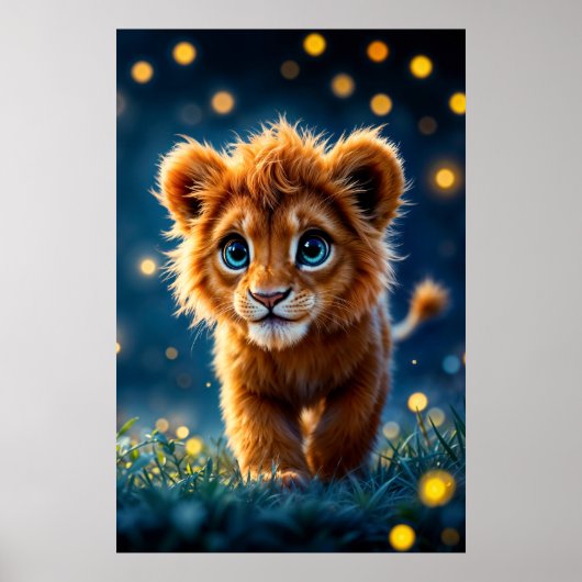 妖精のように輝く青い瞳のライオンの子がホタルの光に包まれて ポスター (正面)