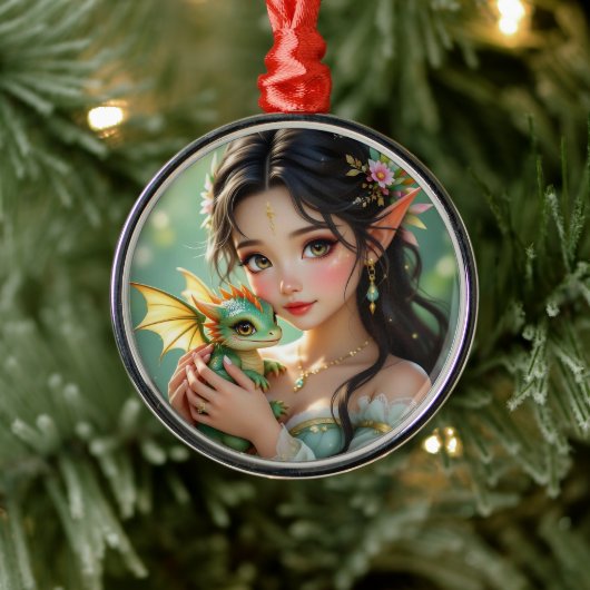 妖精のエルフとドラゴンのクリスマス メタルオーナメント (ツリー)