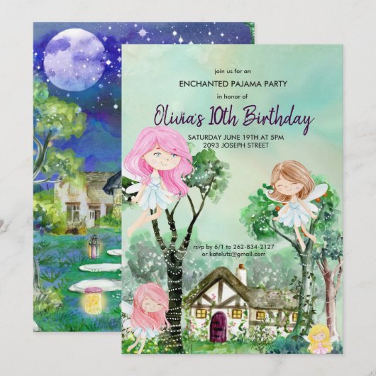 妖精のスロンバーパーティー パジャマ誕生日招待状 招待状 (正面/裏面)