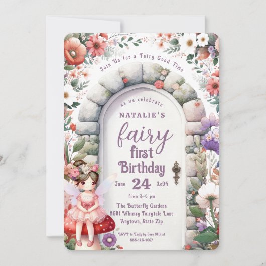妖精のドア茶色の髪の妖精の最初の誕生日パーティー 招待状 (正面)