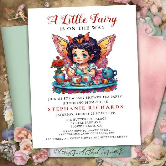 妖精のバタフライ ティー レッド ローズ ベイビー シャワーの名言 招待状