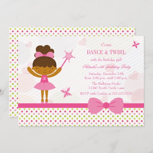 妖精のバレリーナの女の子の誕生日のパーティの招待状 招待状 (正面/裏面)
