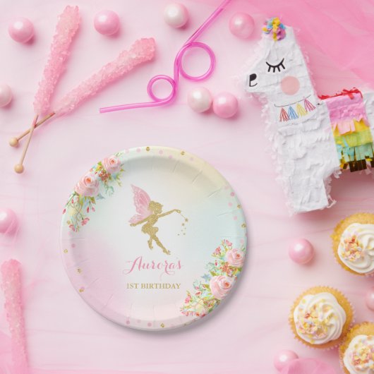 妖精のピンクおよび金ゴールドの紙皿7"紙皿 ペーパープレート (パーティー)