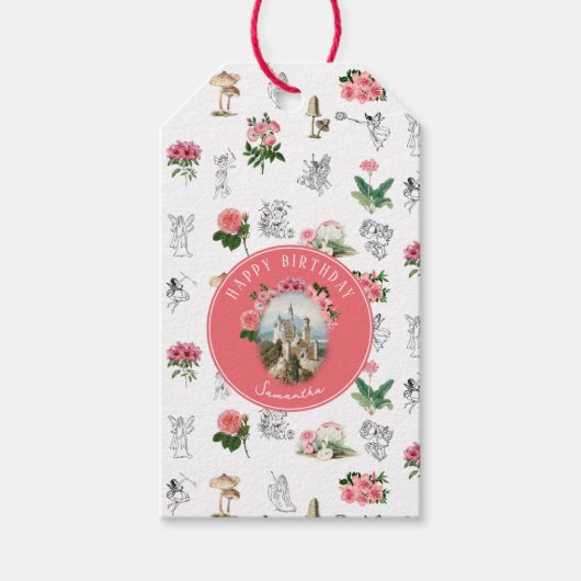 妖精のピンクの花のキノコの妖精の城の誕生日 ギフトタグ (正面)