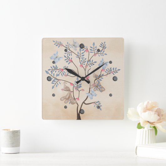妖精のファンタジーの木の鳥の花ベージュのグランジリター スクエア壁時計 (ホーム)