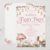 妖精のファーストテーマガールの1歳の誕生日パーティー 招待状 (正面/裏面)