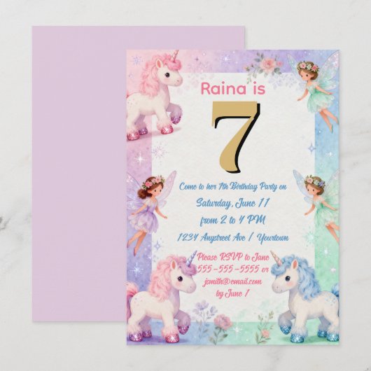 妖精のプリンセスとユニコーン 女の子の誕生日 招待状 (正面/裏面)
