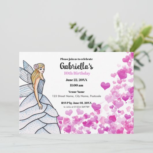 妖精のプリンセスのウェディングドレス ファッションピンクハート 招待状 (スタンド正面)