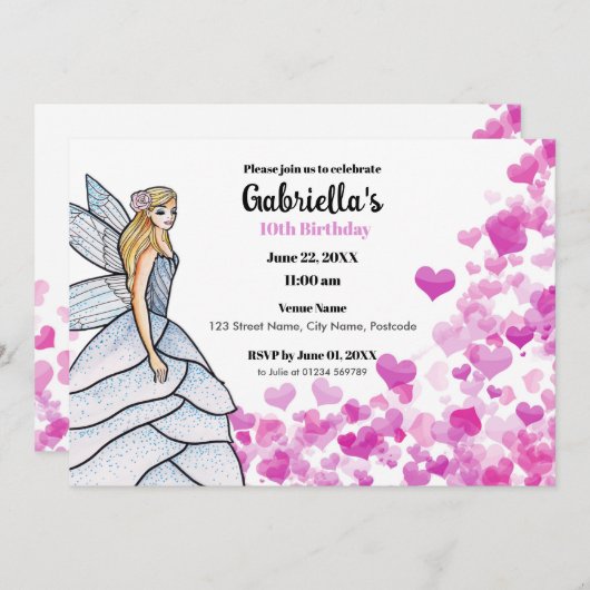 妖精のプリンセスのウェディングドレス ファッションピンクハート 招待状 (正面/裏面)