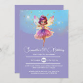 妖精のプリンセスパープルピンクの誕生日パーティー 招待状 (正面/裏面)